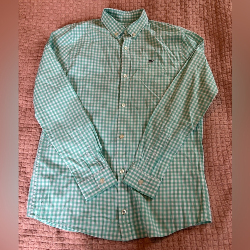 Vineyard Vines Green Gingham Whale Shirt Boy’s Size 16